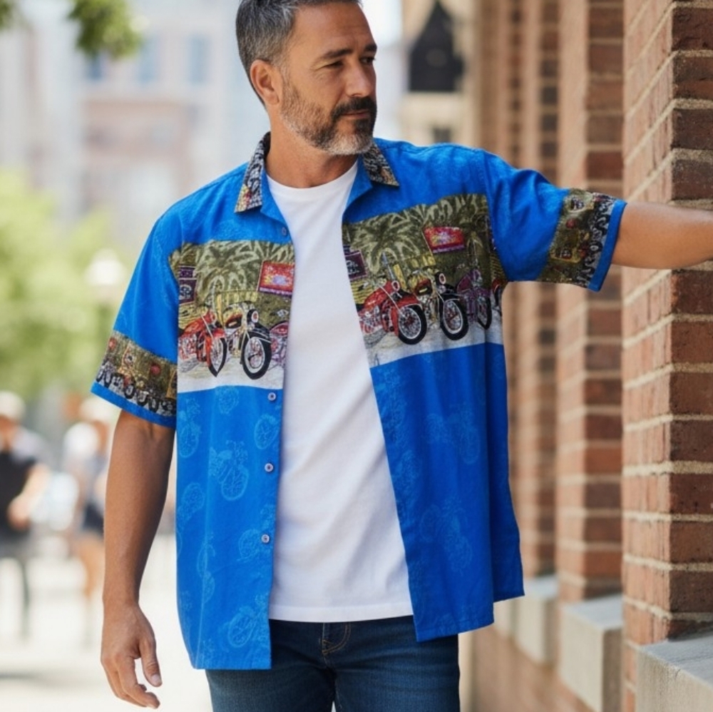 Oasis Beachwear XL Motorcycle Print Button Up Shirt Blue Short Sleeve